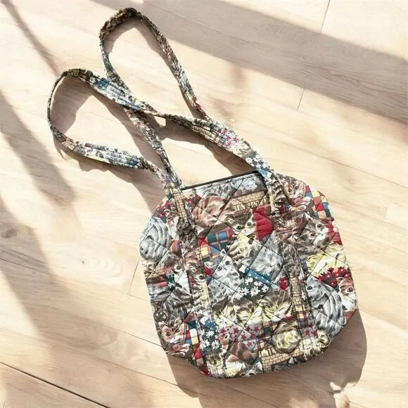 Vintage 1990s Cat Tapestry Quilted Bag Purse Tote Fabric Shoulder - Picture 2 of 8